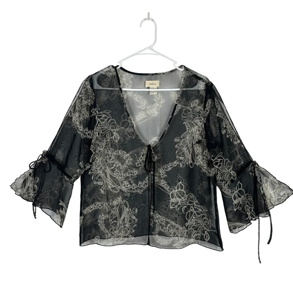 Floral Sheer Mesh Cardigan Black Tie Front Boho Fairycore Feminine Women Size 14